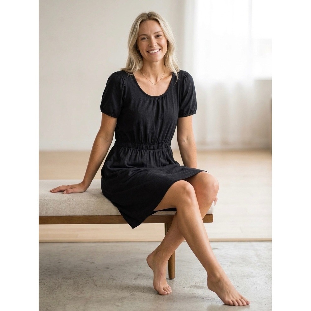 Daily Practice by Anthropologie Puff Sleeve Cotton Slub Mini Dress Black Medium